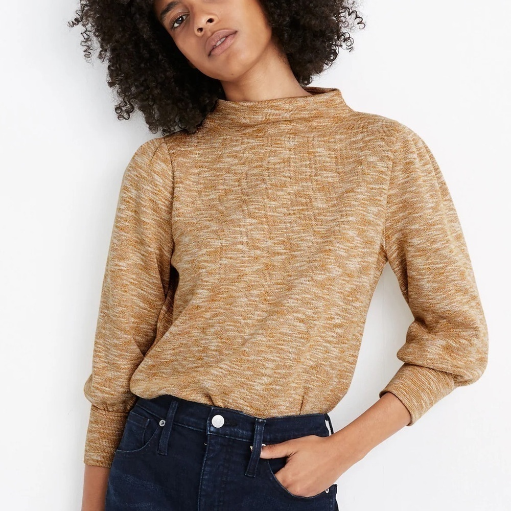 Madwell AG265 Gathered Sleeve Mockneck Top Heather Gold Yellow Shirt Size Small